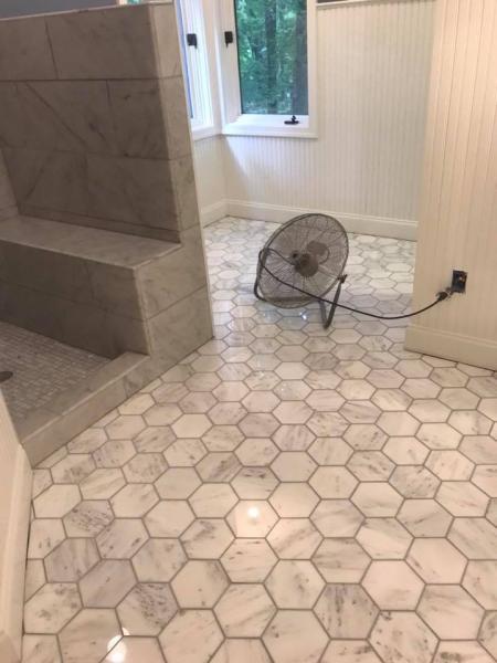 It's all about shape with this tile flooring; with stunning octagon style tiles, we've created a beautiful ambiance in this bathroom. 